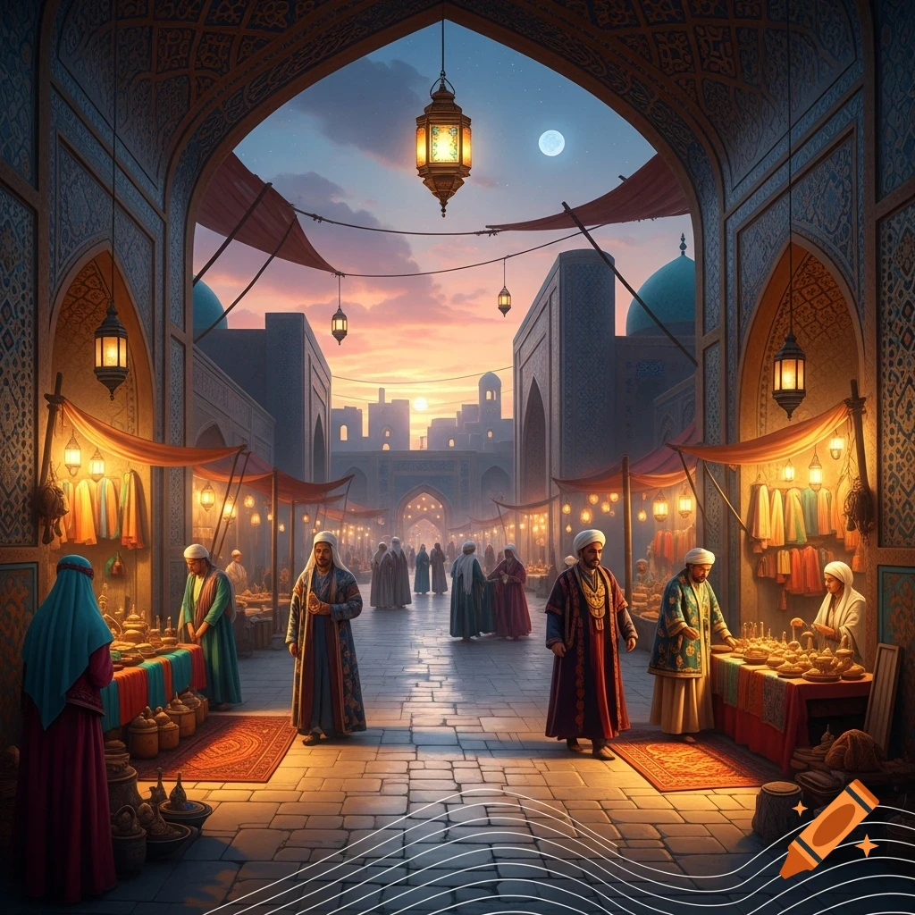 A bustling night bazaar under ornate archways, with people in traditional attire and lanterns illuminating the market stalls at sunset.