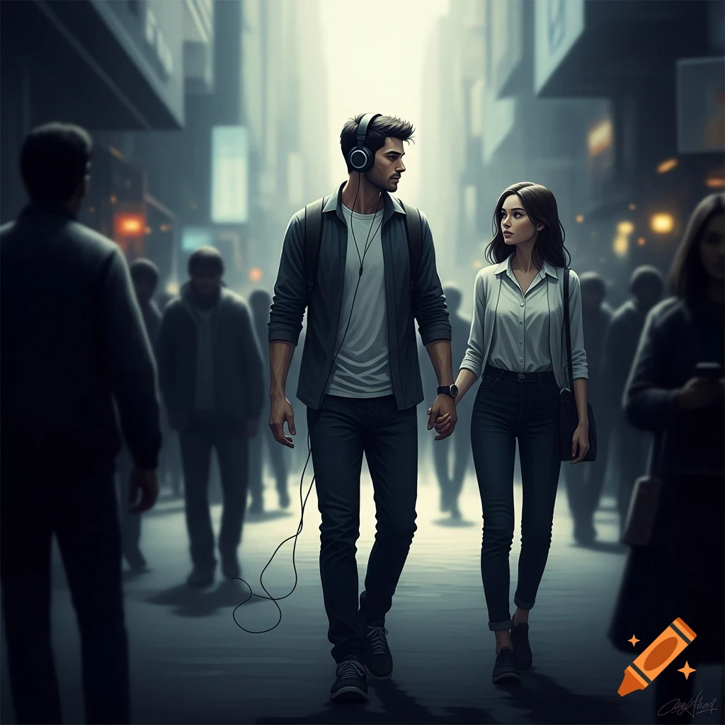 A man with headphones and a backpack holds hands with a woman as they walk through a blurry, cinematic city street.
