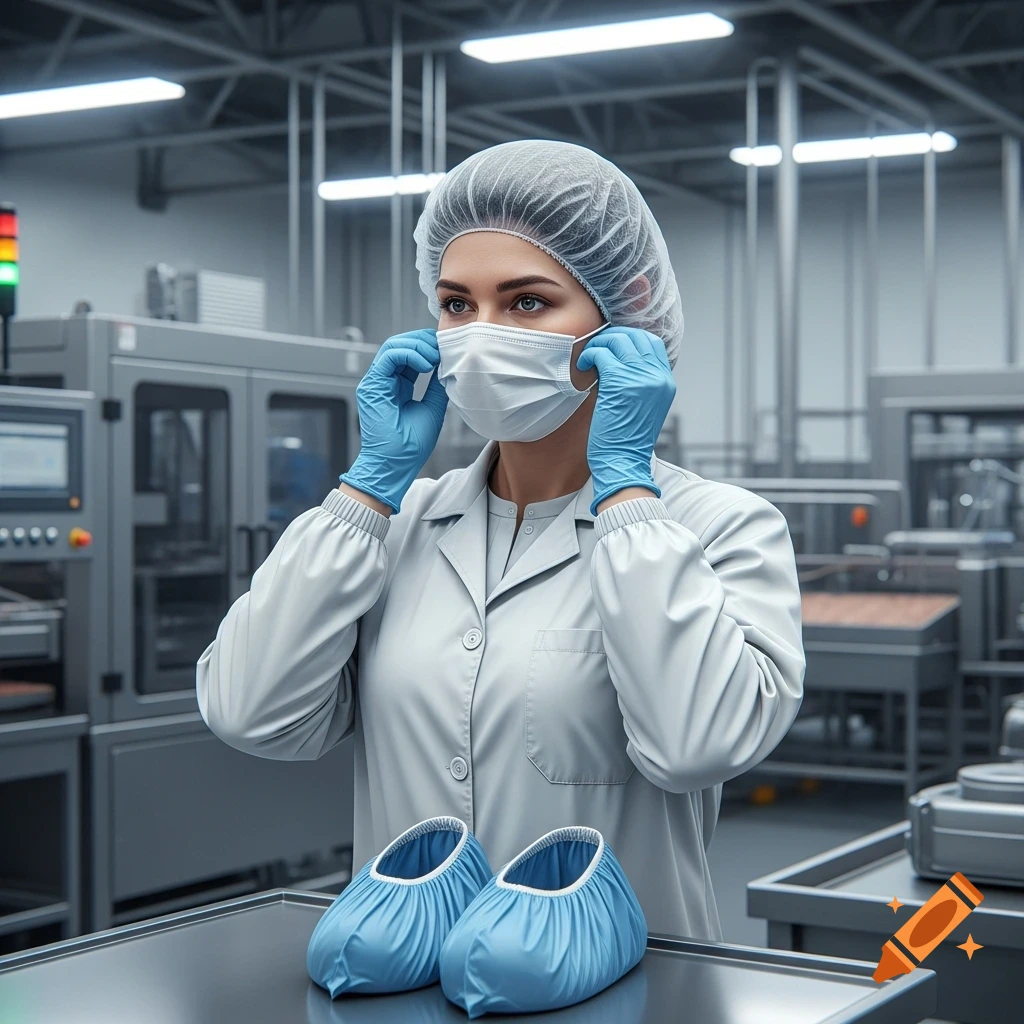 Female worker in a cleanroom puts on a mask, wearing a lab coat, hairnet, and gloves, with shoe covers on a table.