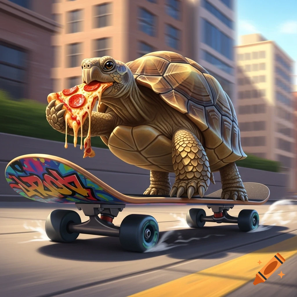 A realistic turtle on a colorful skateboard speeds down a city street, eating a cheesy slice of pepperoni pizza.