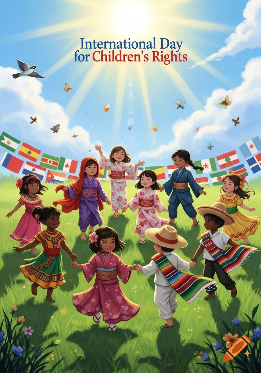 Colorful illustration of diverse children in traditional clothing holding hands in a sunny, grassy field with international flags and the text 'International Day for Children's Rights'.