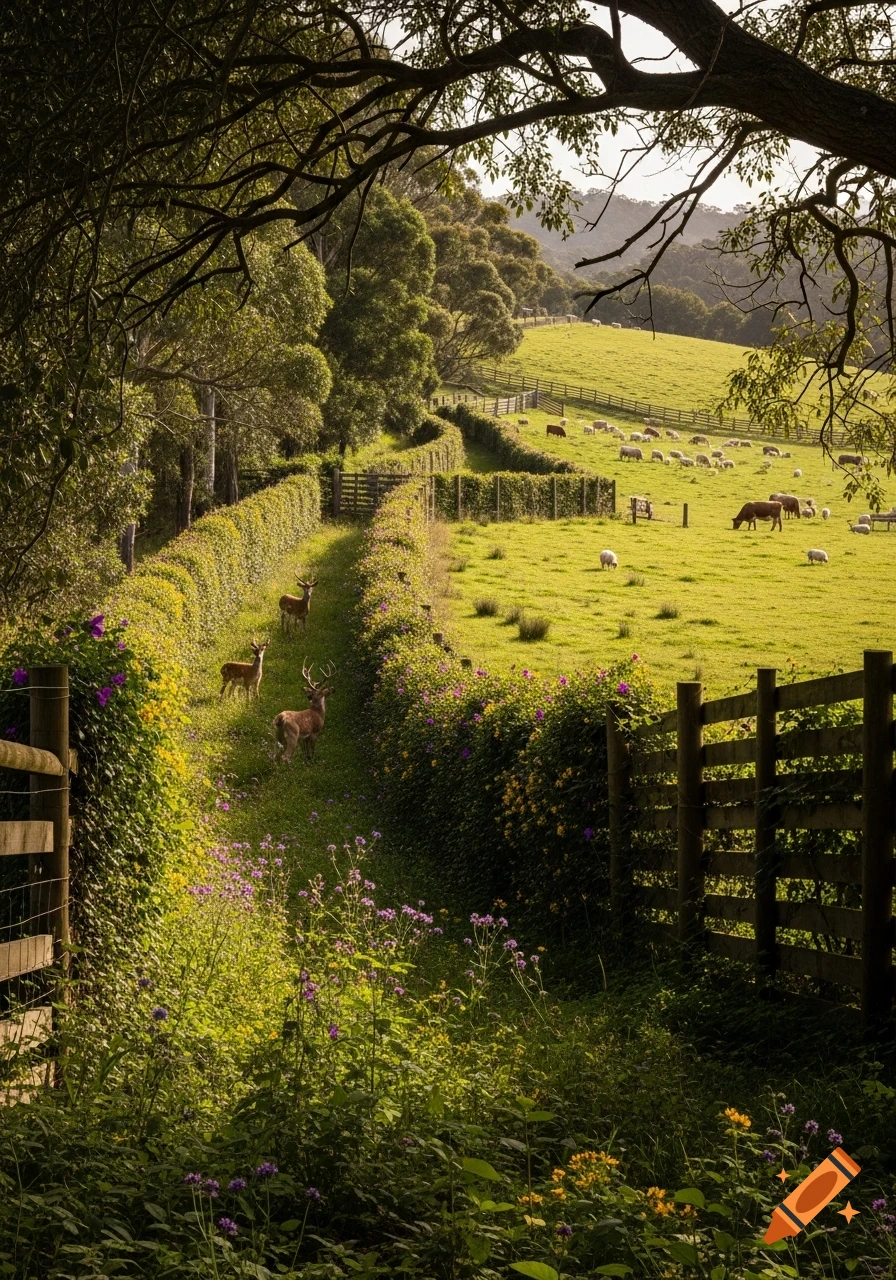 A sunny rural landscape features a winding path lined with flowering hedges, three deer, and green pastures with sheep and cows grazing.