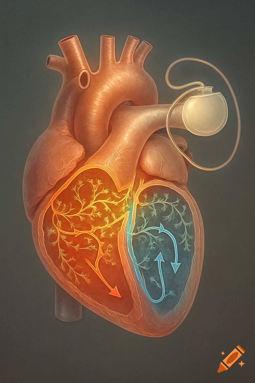 Detailed medical diagram of a human heart with a pacemaker, showing internal structures, neural pathways, and blood flow direction.