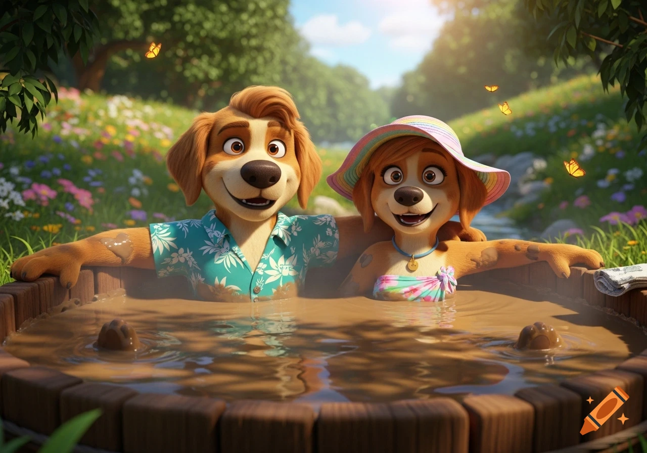 Two happy anthropomorphic retriever dogs relaxing in a muddy hot tub outdoors amidst flowers, 3D animation style.