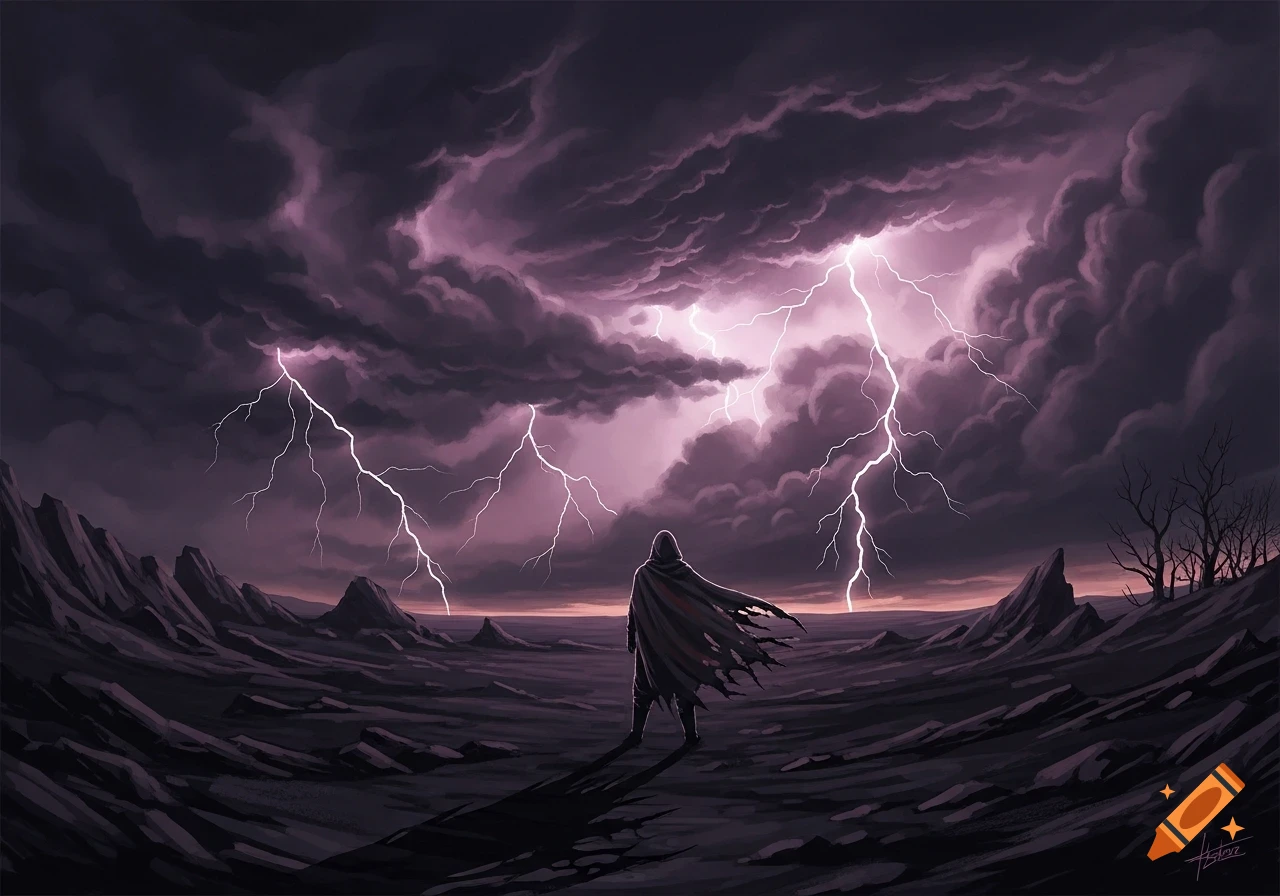 A hooded figure stands alone in a desolate landscape under a stormy, lightning-filled purple sky with dark clouds.