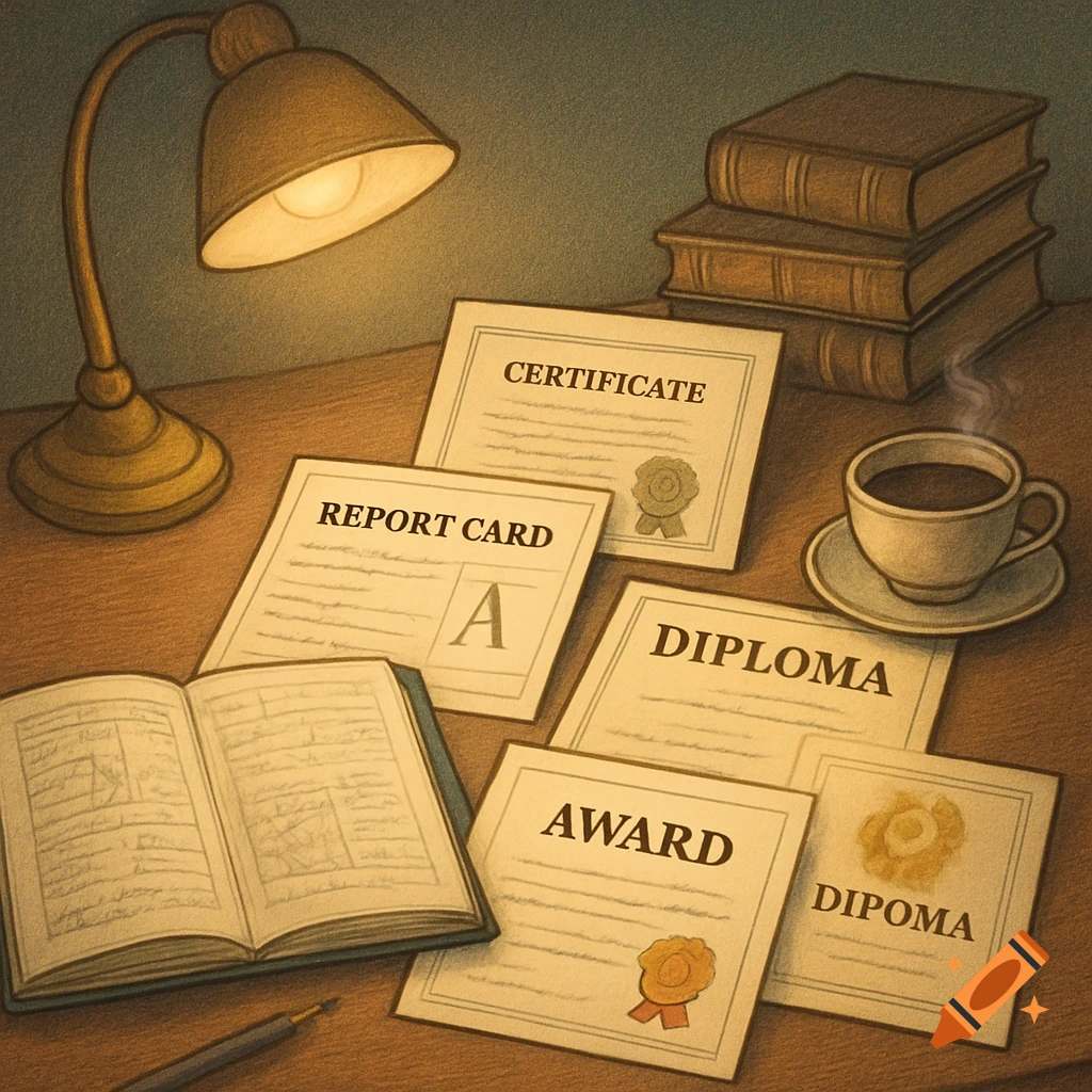 A warmly lit desk with academic documents like a report card, certificate, and diploma, alongside books, an open notebook, a lamp, and a coffee cup. Textured illustration.