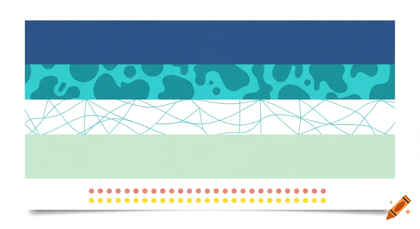 Flat vector illustration of an abstract coastal landscape with stacked horizontal bands of blue, turquoise, white, and pale green, with a grid of small pink and yellow circles.