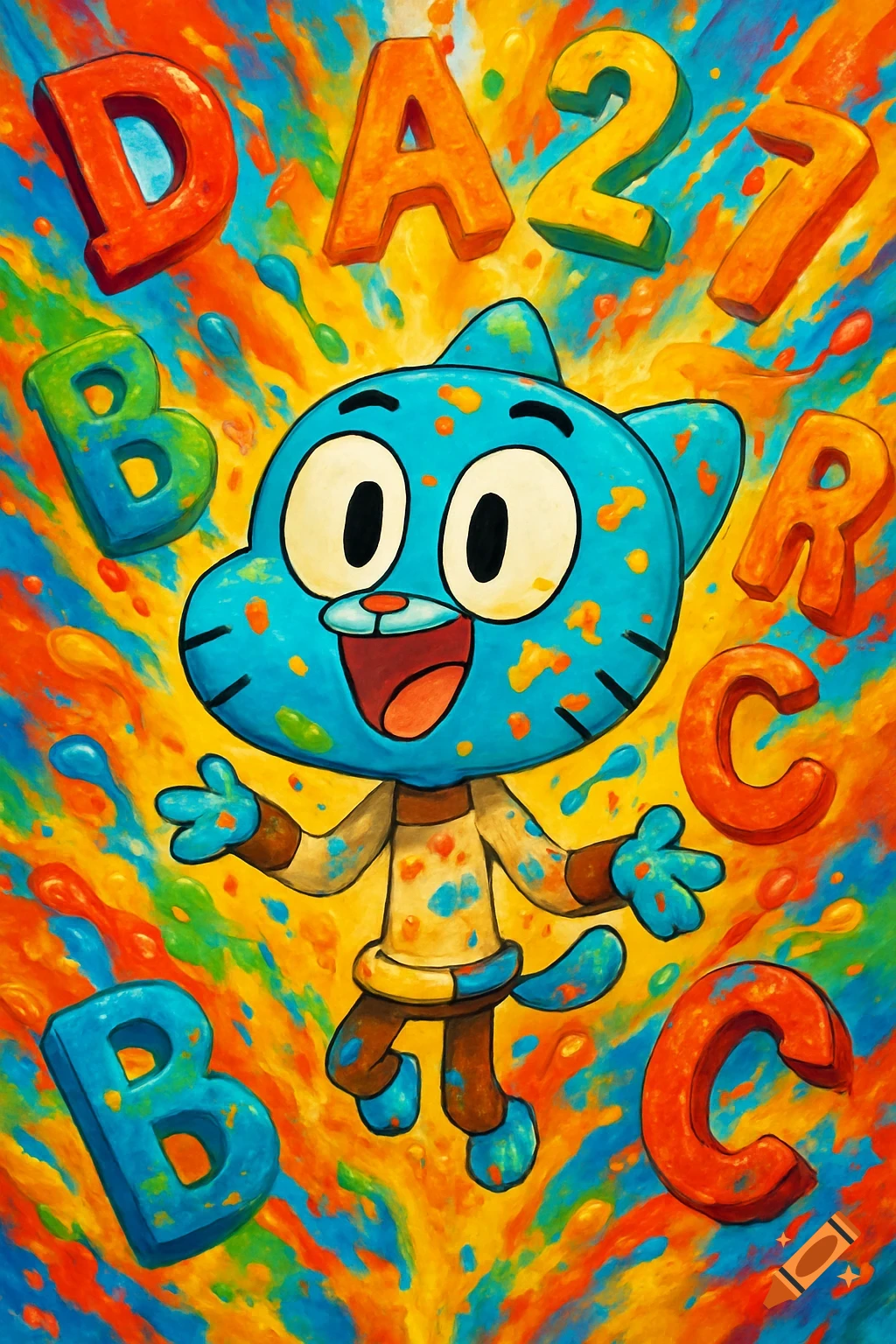 Gumball Watterson surrounded by colorful 3D alphabet letters and numbers with paint splashes in a vibrant, painterly style.