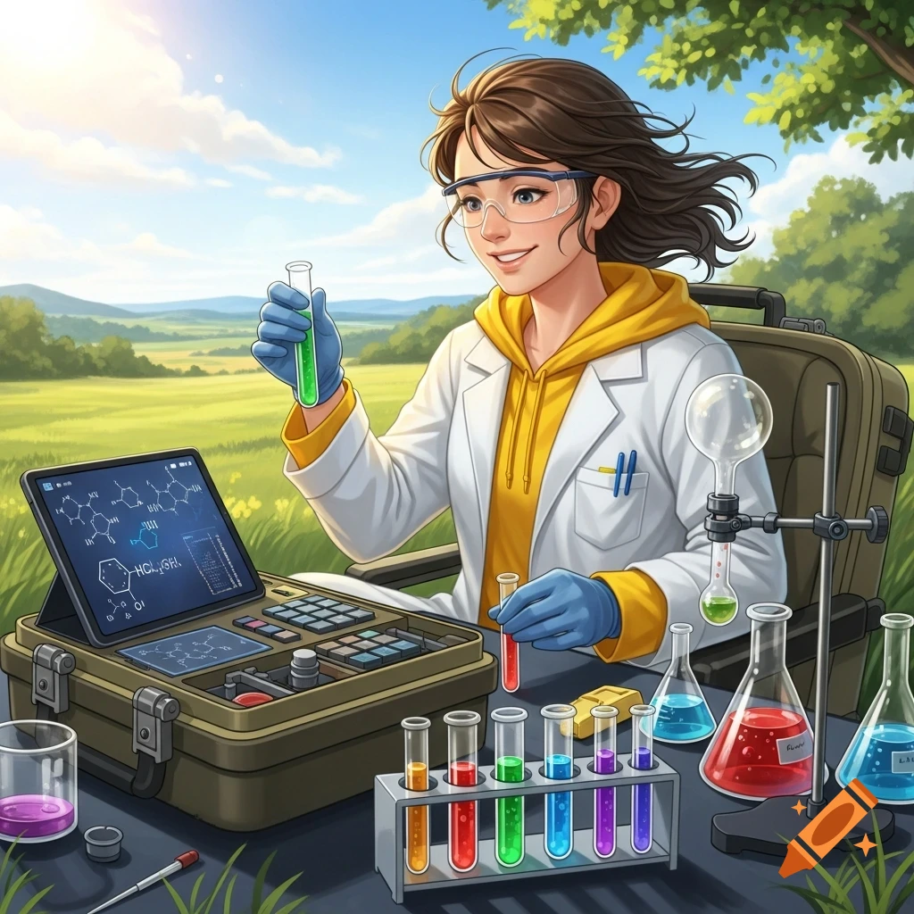 An animated female chemist in a lab coat and safety goggles holds a test tube with green liquid, surrounded by field lab equipment outdoors.