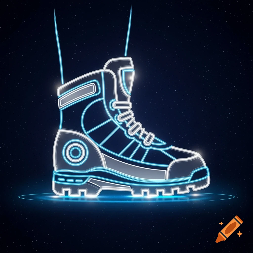 A stylized icon of a space boot with glowing blue and white outlines on a dark, starry background.