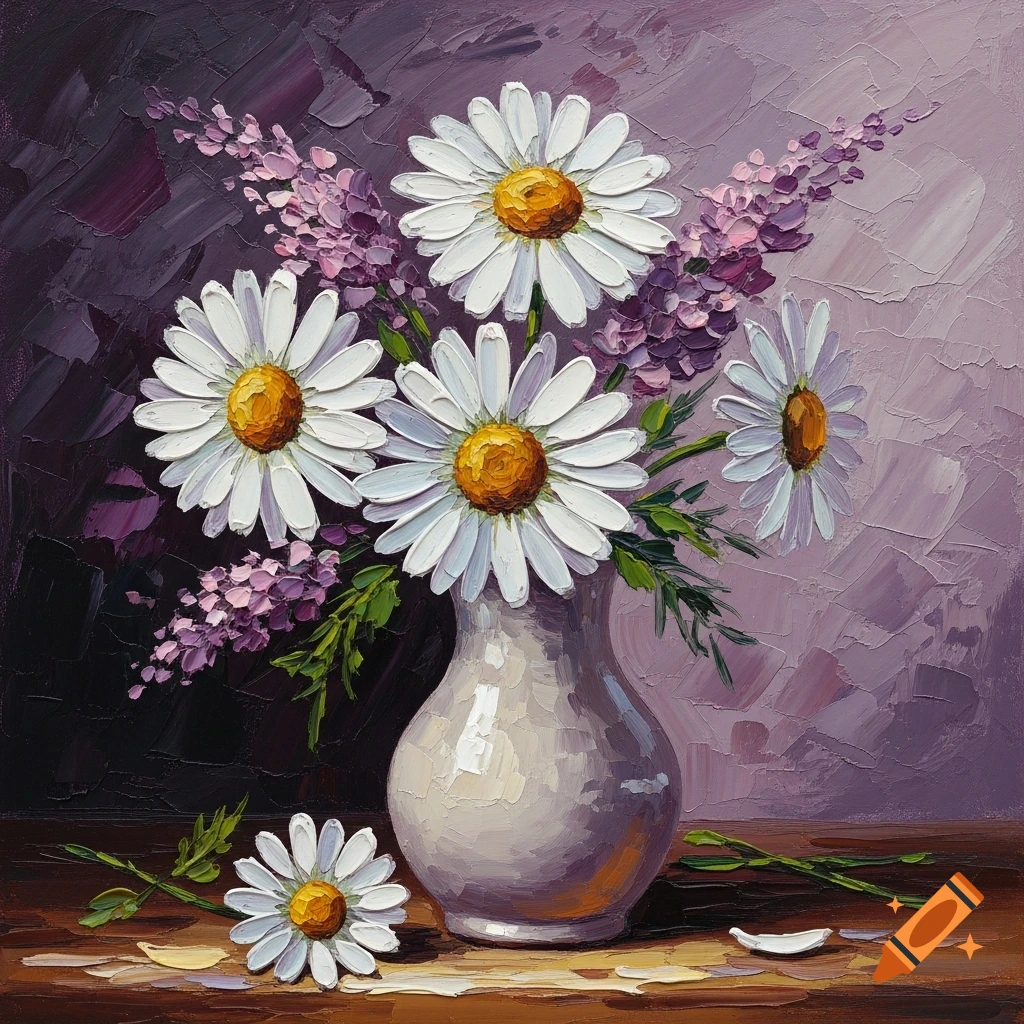 Oil painting of white daisies and purple flowers in a white vase on a table, with heavy impasto brushstrokes.