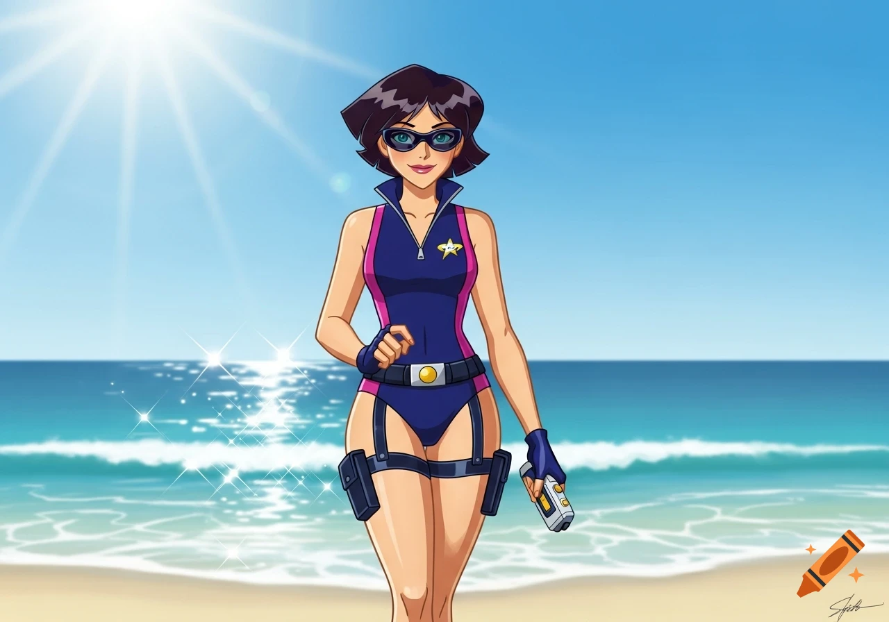 An animated woman with short brown hair and sunglasses, wearing a blue and pink swimsuit with tactical gear, stands on a sunny beach.