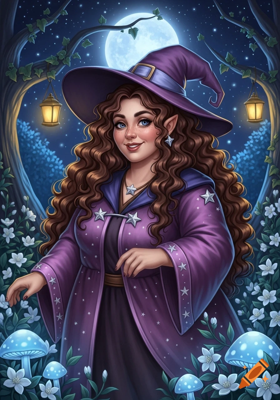 A cute, smiling witch with curly brown hair and pointy ears, wearing a purple hat and robe, stands in a magical forest under a full moon.