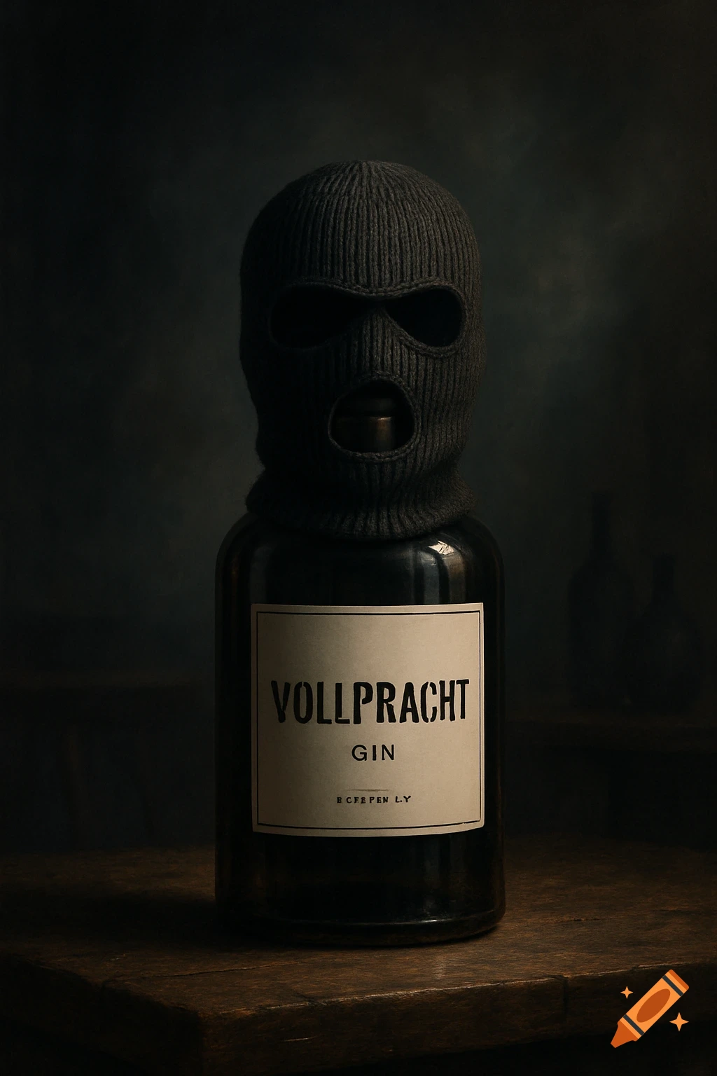 A dark gin bottle with a label reading "Vollpracht Gin" wears a black knitted balaclava, set on a wooden table in a moody, low-light still life.