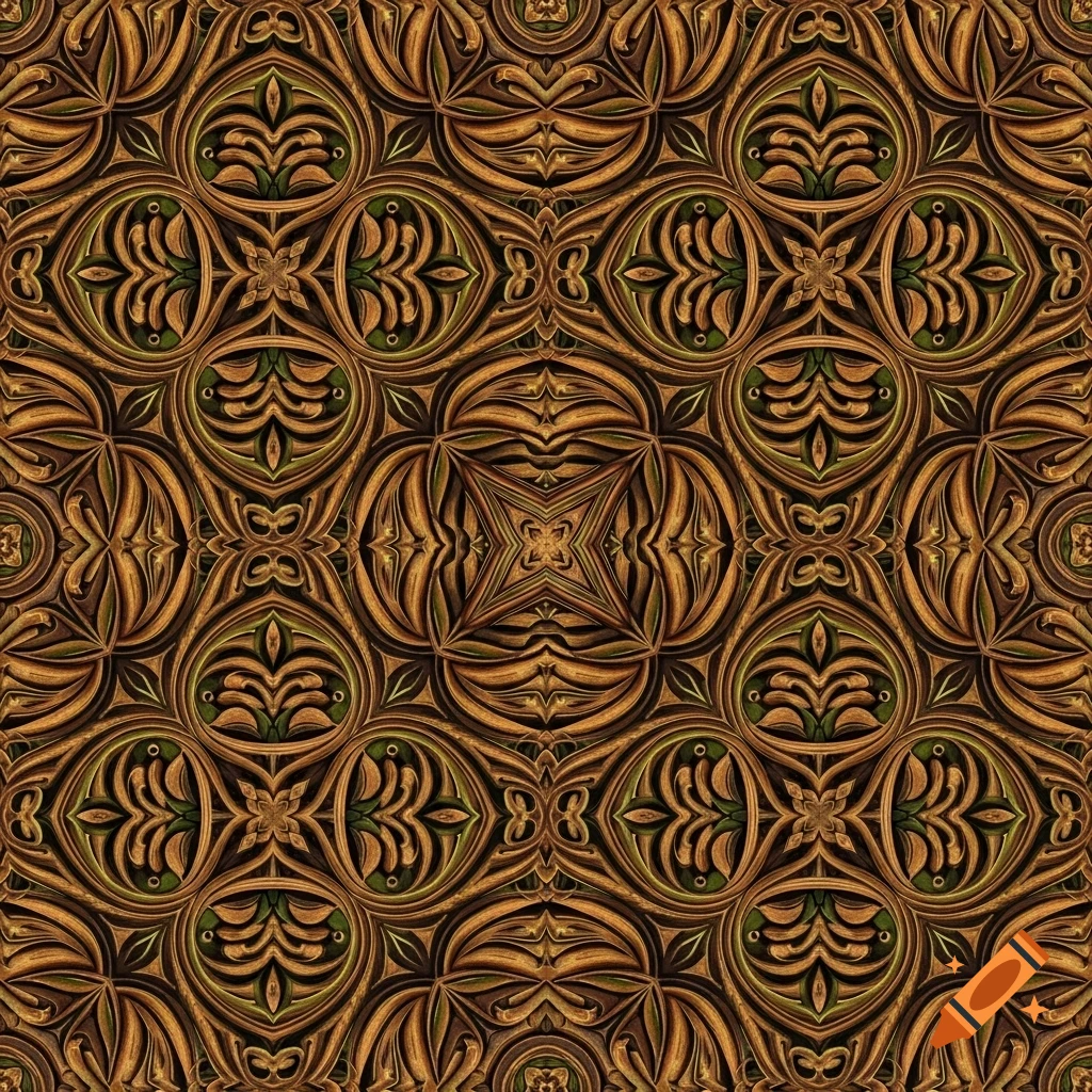 Ornate repeating pattern resembling carved wood in shades of brown and dark green.