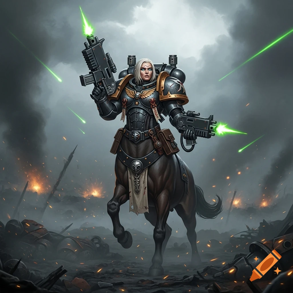 A female centaur soldier in grimdark Warhammer 40k power armor holds two pulserifles on a smoky battlefield.