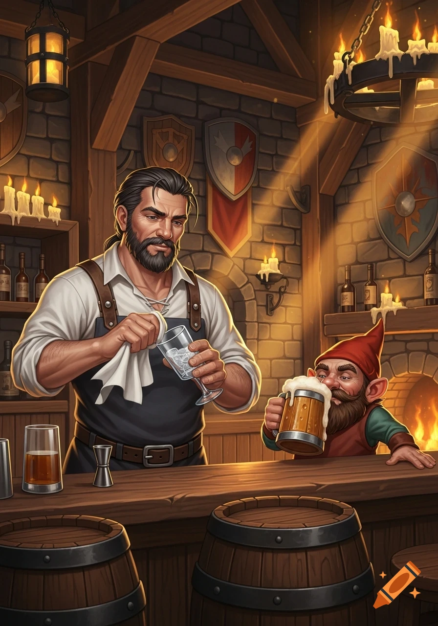 A bearded bartender wipes a glass behind a wooden bar, as a gnome drinks beer from a mug in a medieval fantasy tavern, detailed art.