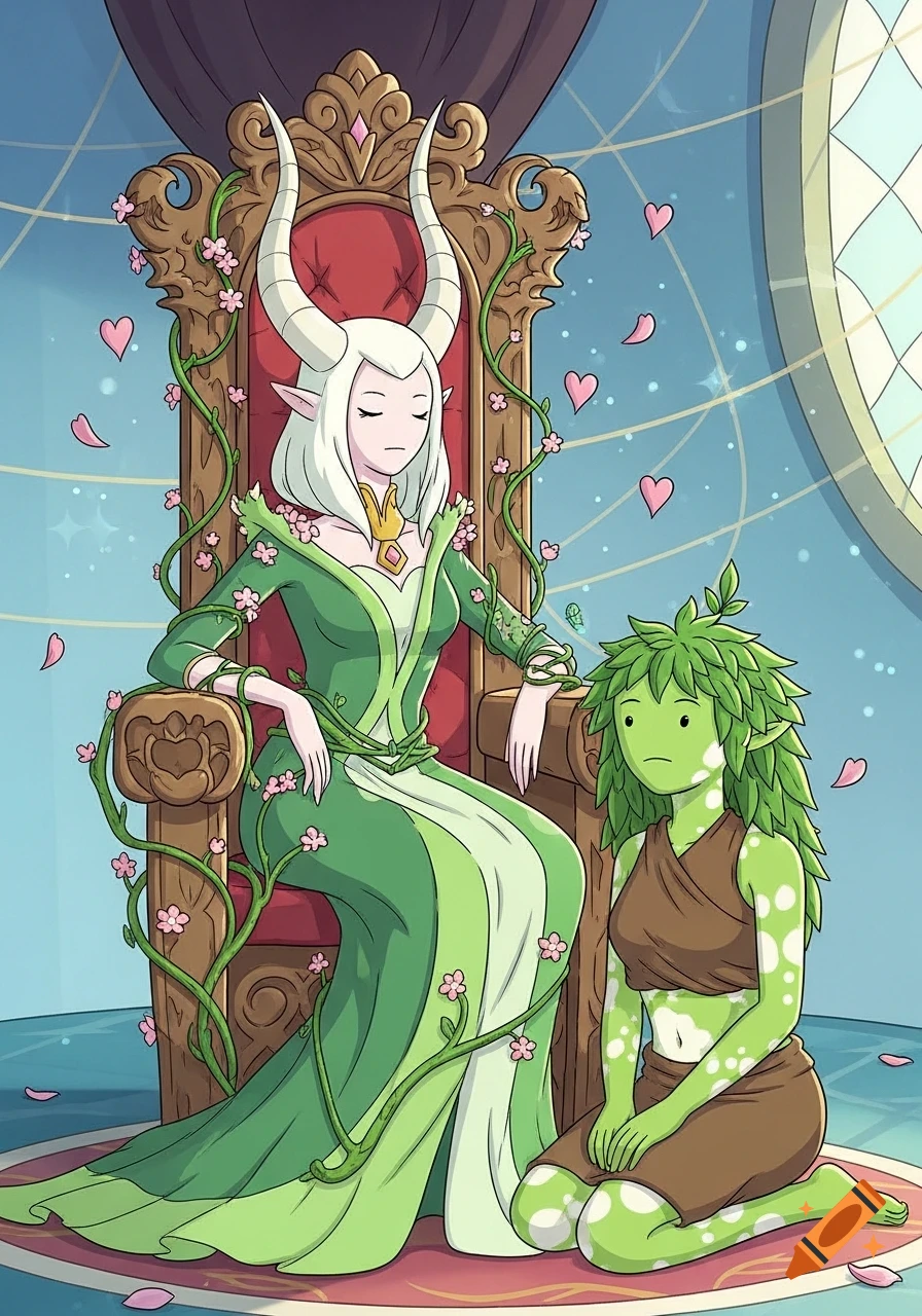 Adventure Time style: A horned aristocrat in a green dress on a throne, with a kneeling plant-skinned humanoid.