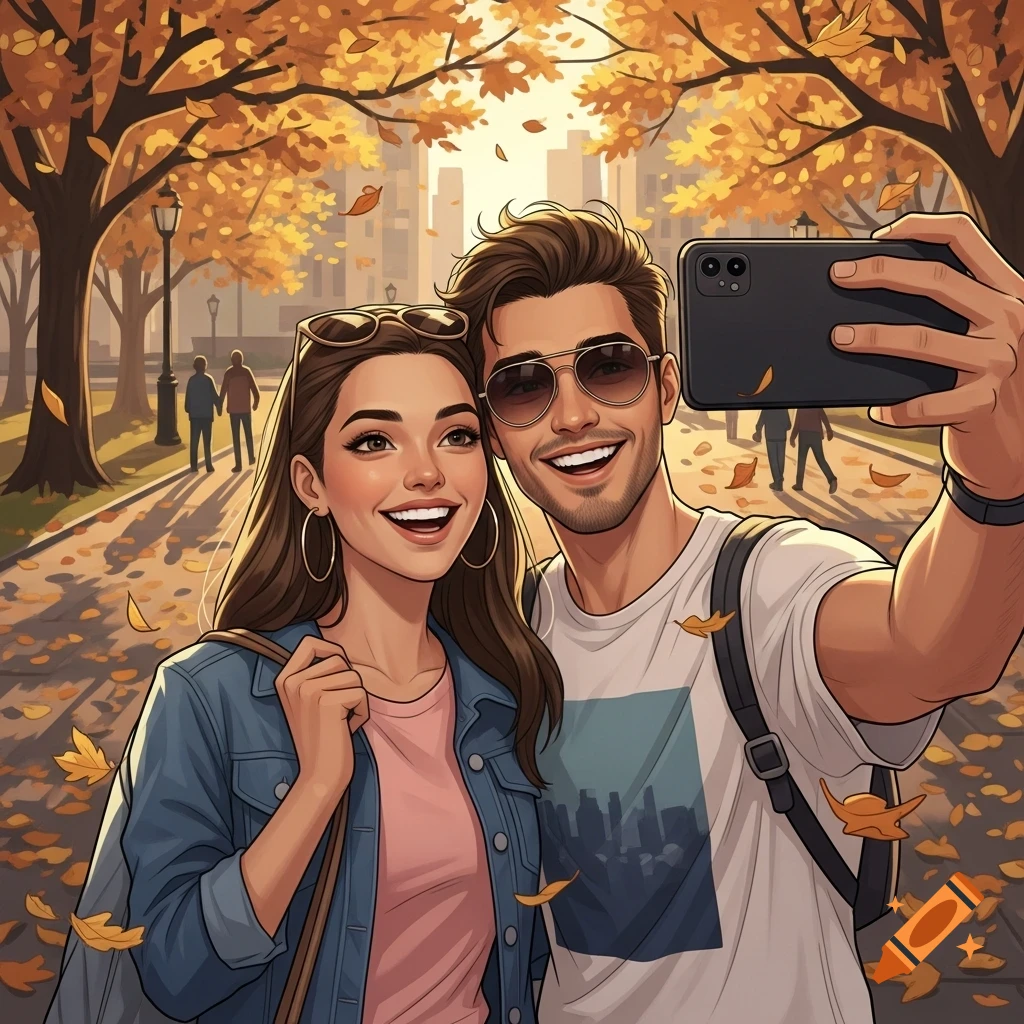 An illustrated couple smiles and takes a selfie in a sunny autumn park with falling leaves.