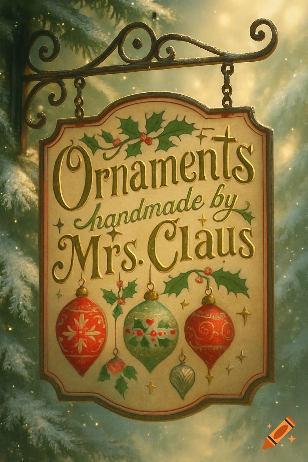 A rustic Christmas sign hanging from a snowy pine branch reads "Ornaments handmade by Mrs. Claus," surrounded by holly and ornaments.