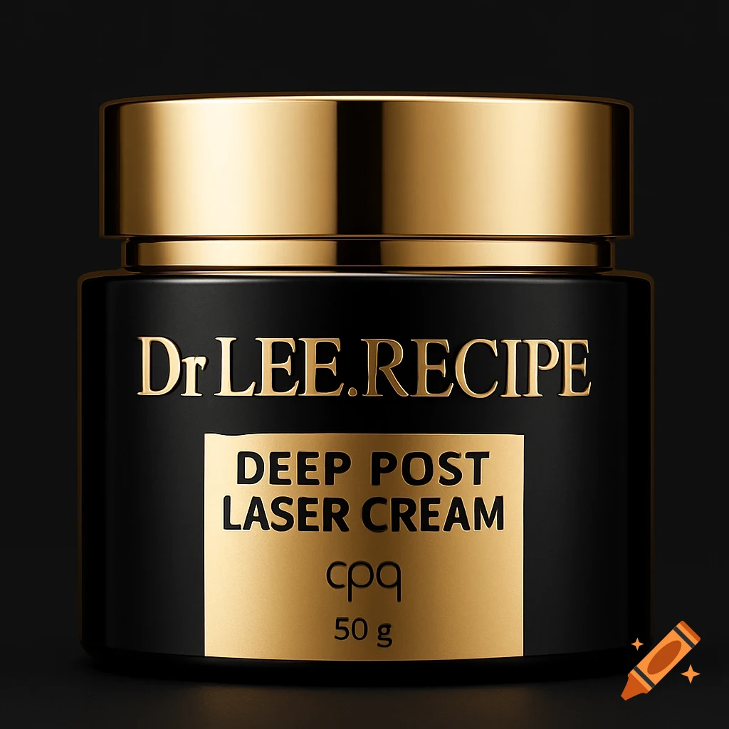 A sleek black cosmetic cream jar with a gold lid and label, featuring 'Dr LEE.RECIPE DEEP POST LASER CREAM cpq 50 g' in gold and black text.