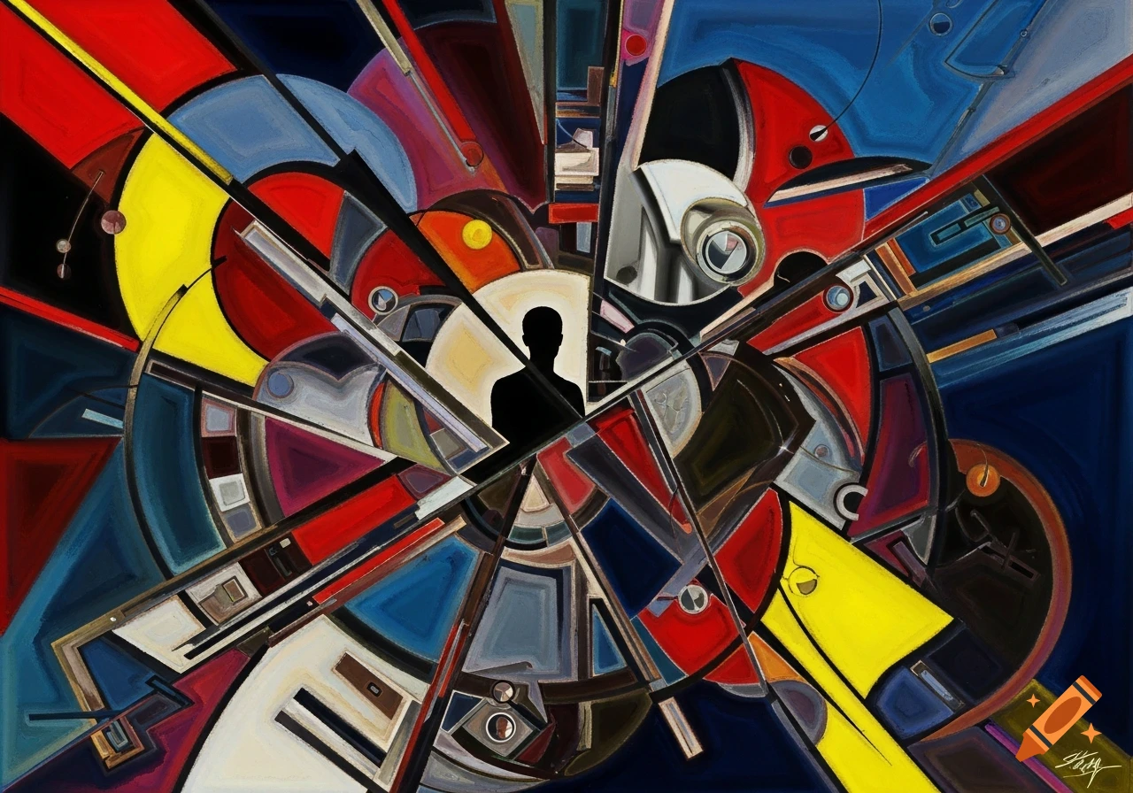 A vibrant abstract painting with geometric shapes in red, yellow, blue, and black, centered around a black human silhouette.