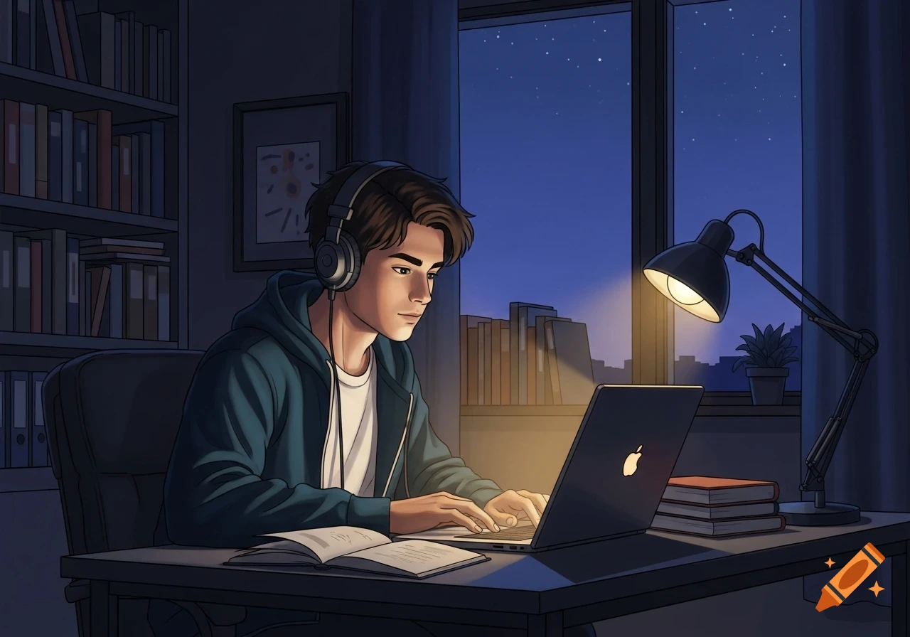 An anime illustration of a young man with headphones typing on a laptop at a desk in a dark room at night.