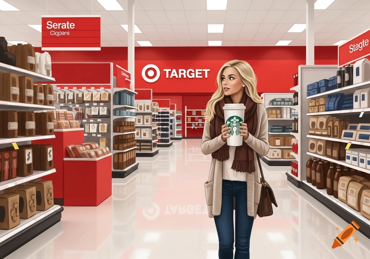 A blonde woman in a beige cardigan and brown scarf holds a Starbucks cup while walking through a Target store aisle.