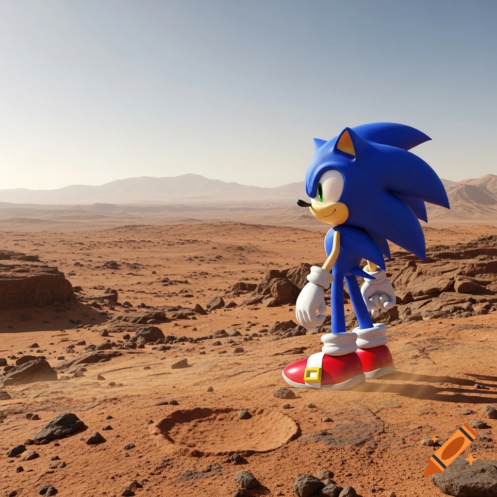 Photorealistic Sonic the Hedgehog stands on the rocky, reddish-brown surface of Mars under a clear sky.