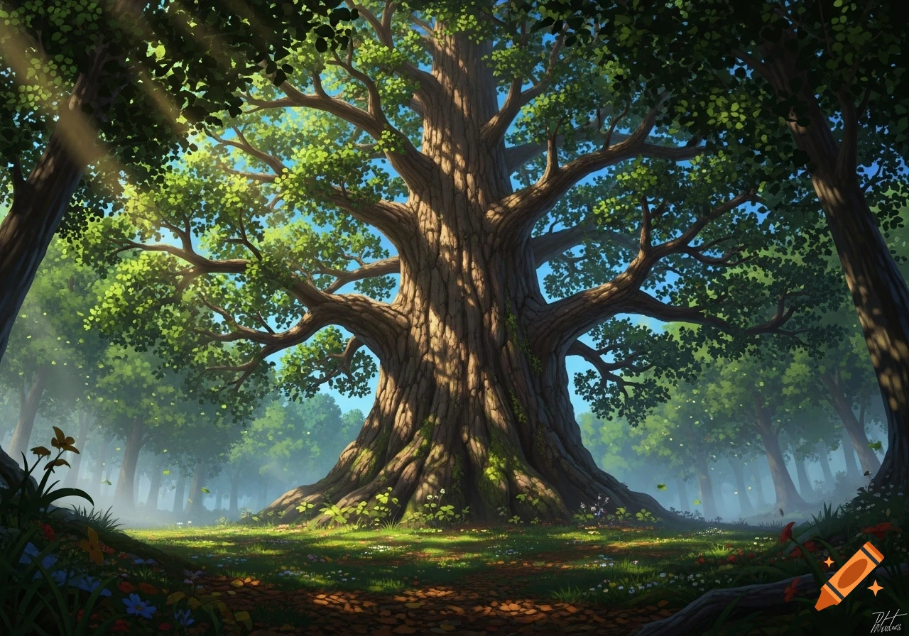 Majestic ancient oak tree with lush green leaves in a sunlit forest clearing, digital painting.