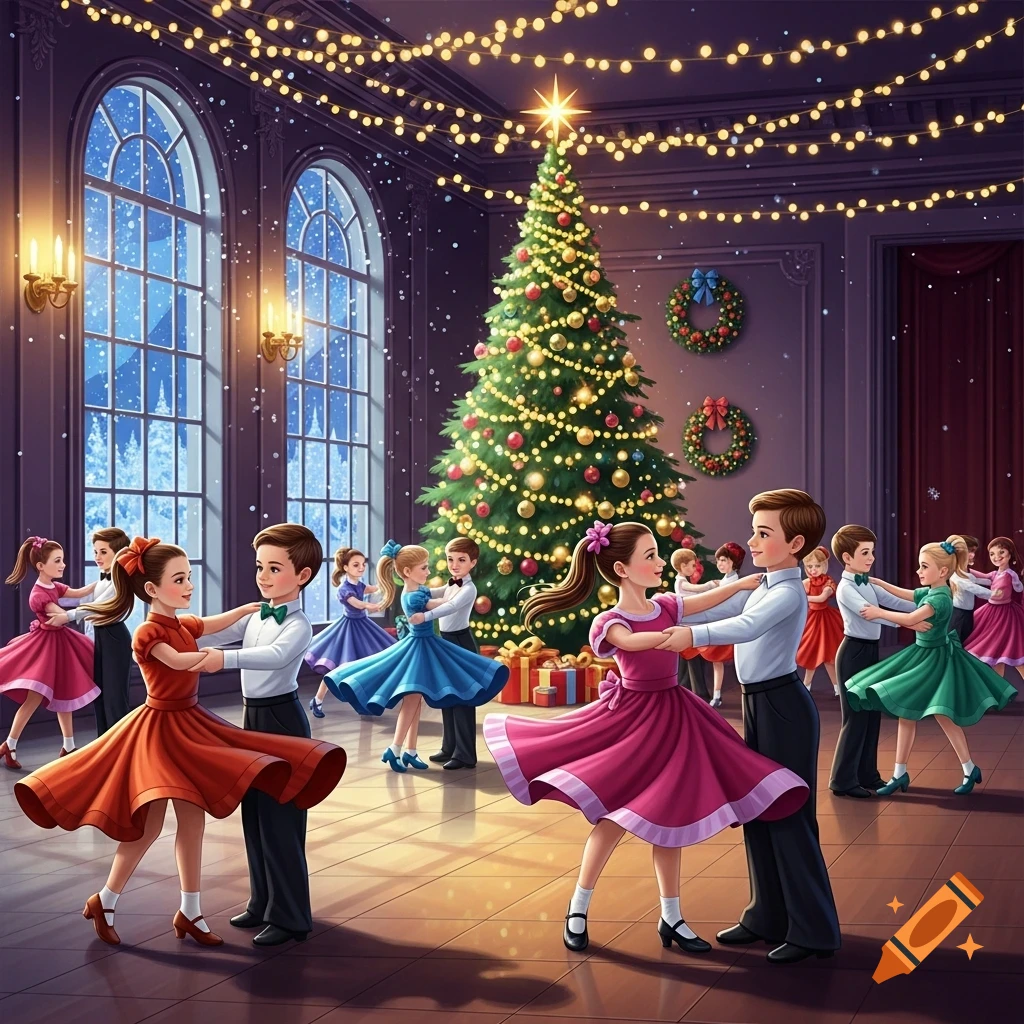 Children in colorful dresses and suits ballroom dancing in a decorated hall with a Christmas tree and string lights.