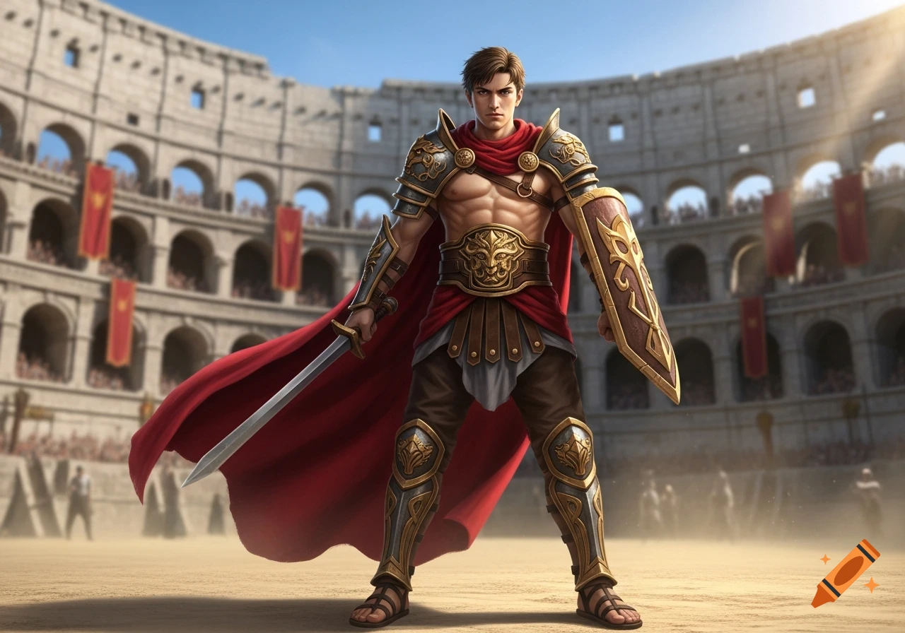 A young male gladiator in detailed armor and red cape stands in a sandy Roman Colosseum, holding a sword and shield.