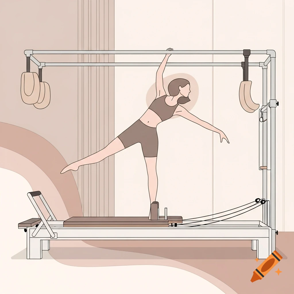 A minimalistic illustration of a woman performing an exercise on a Pilates reformer machine, in a soft, nude and beige palette.