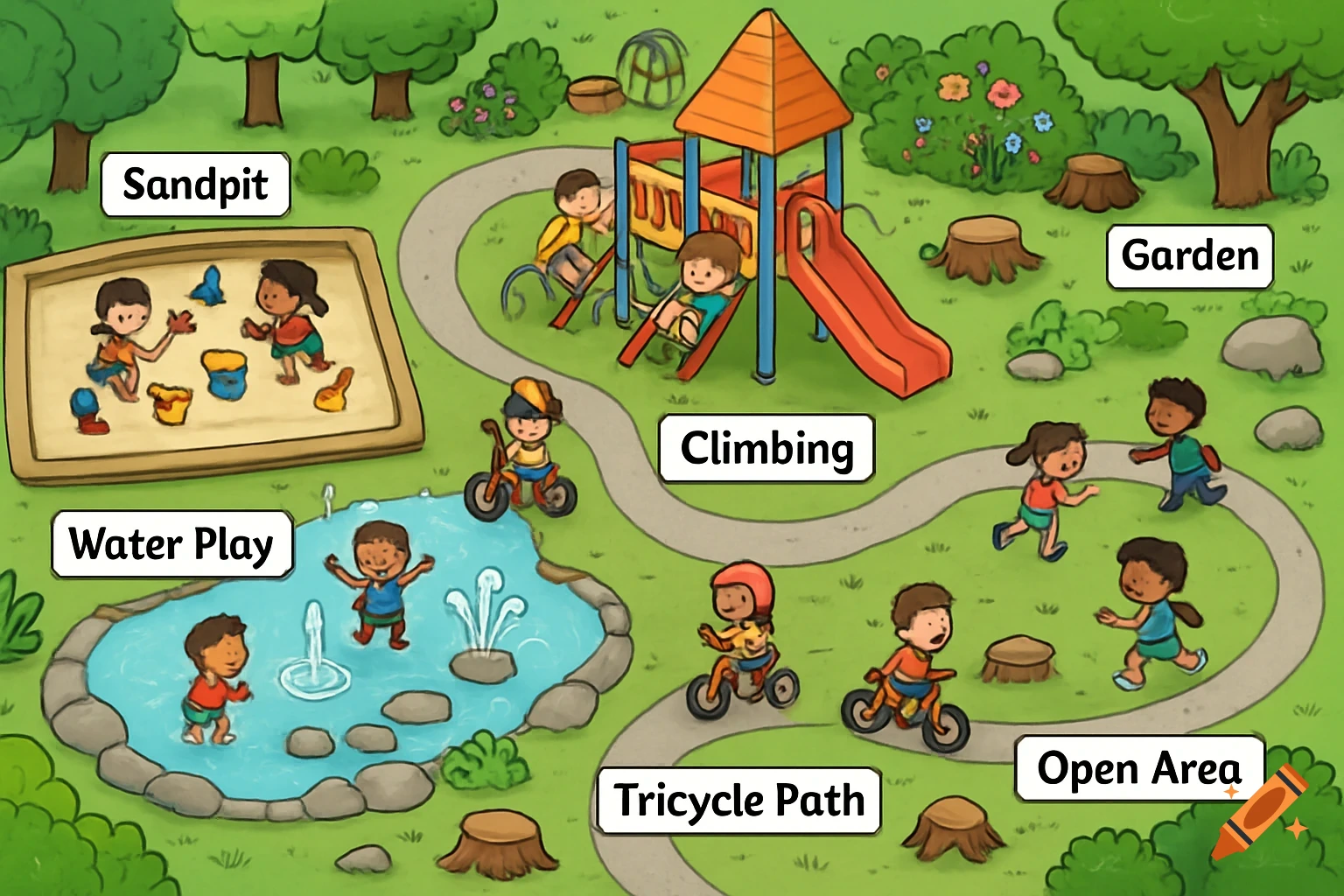 Top-down diagram of a colorful cartoon playground with children playing in a sandpit, water play area, on climbing structures, on tricycles, and in an open area.