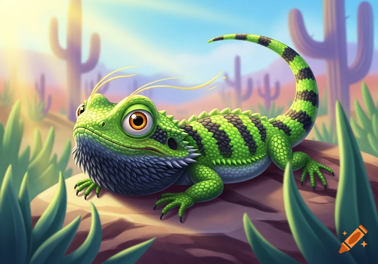 A cute cartoon green bearded dragon with black stripes and large eyes sits on a rock in a sunny desert with cacti.