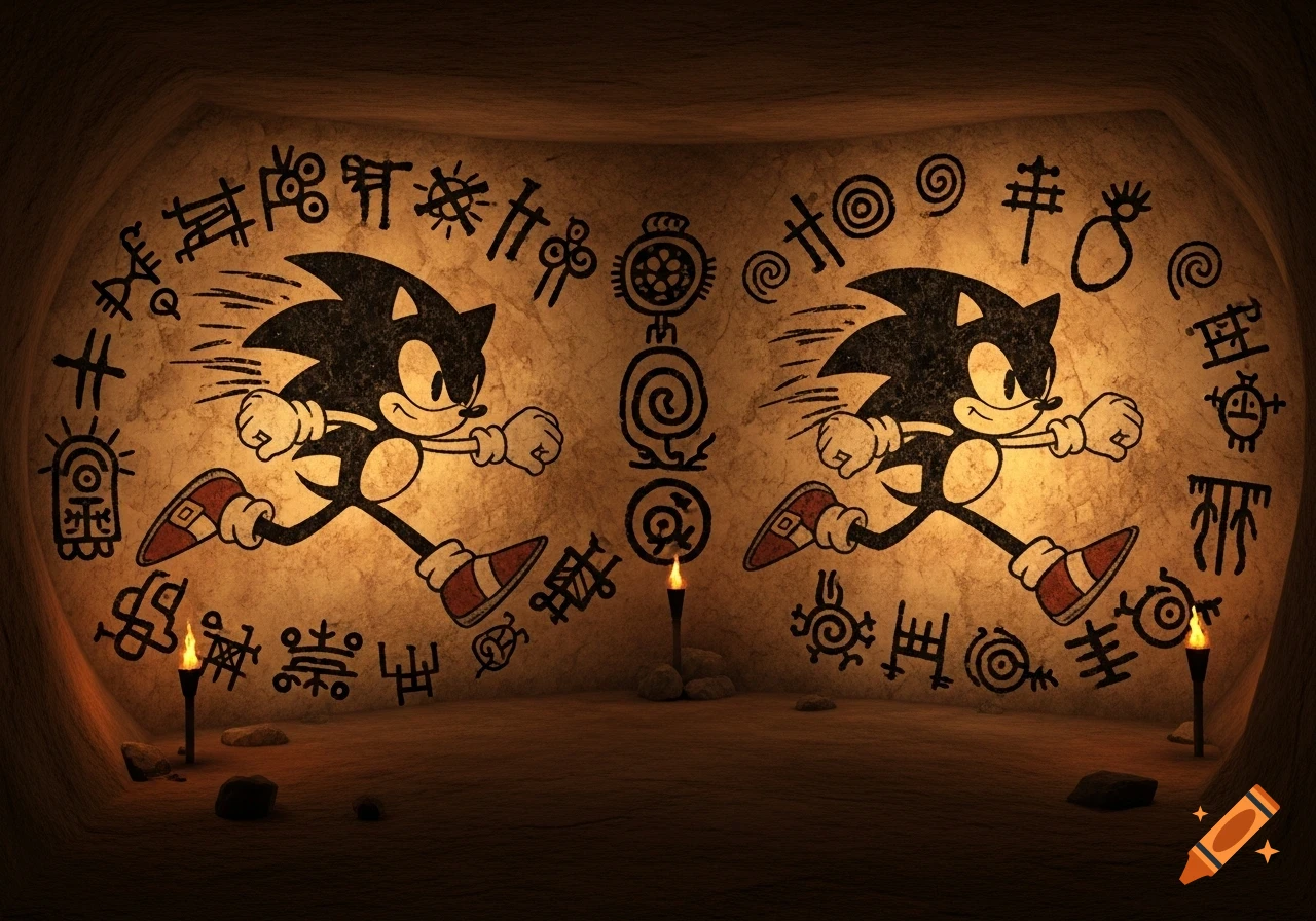 Two stylized Sonic the Hedgehog figures, resembling ancient cave paintings, run across a textured cave wall adorned with various tribal-like symbols and lit by torches.
