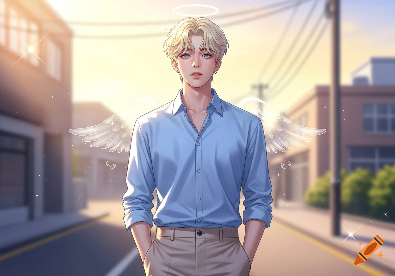 Anime-style man with blonde hair, blue eyes, a halo, and glowing angel wings, standing on a sunny street.