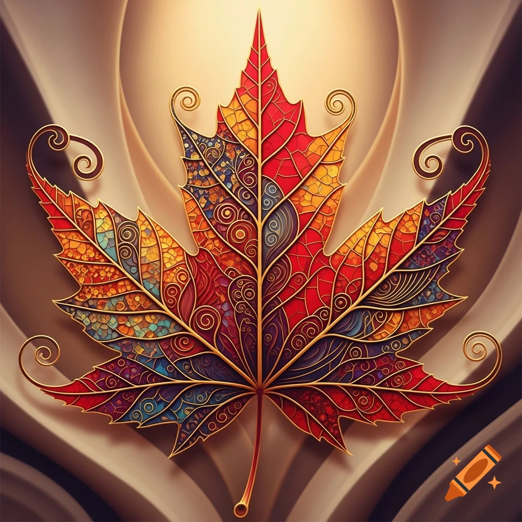 A vibrant Gaudi-style maple leaf with intricate red, orange, yellow, and blue patterns outlined in gold, against a soft, wavy background.