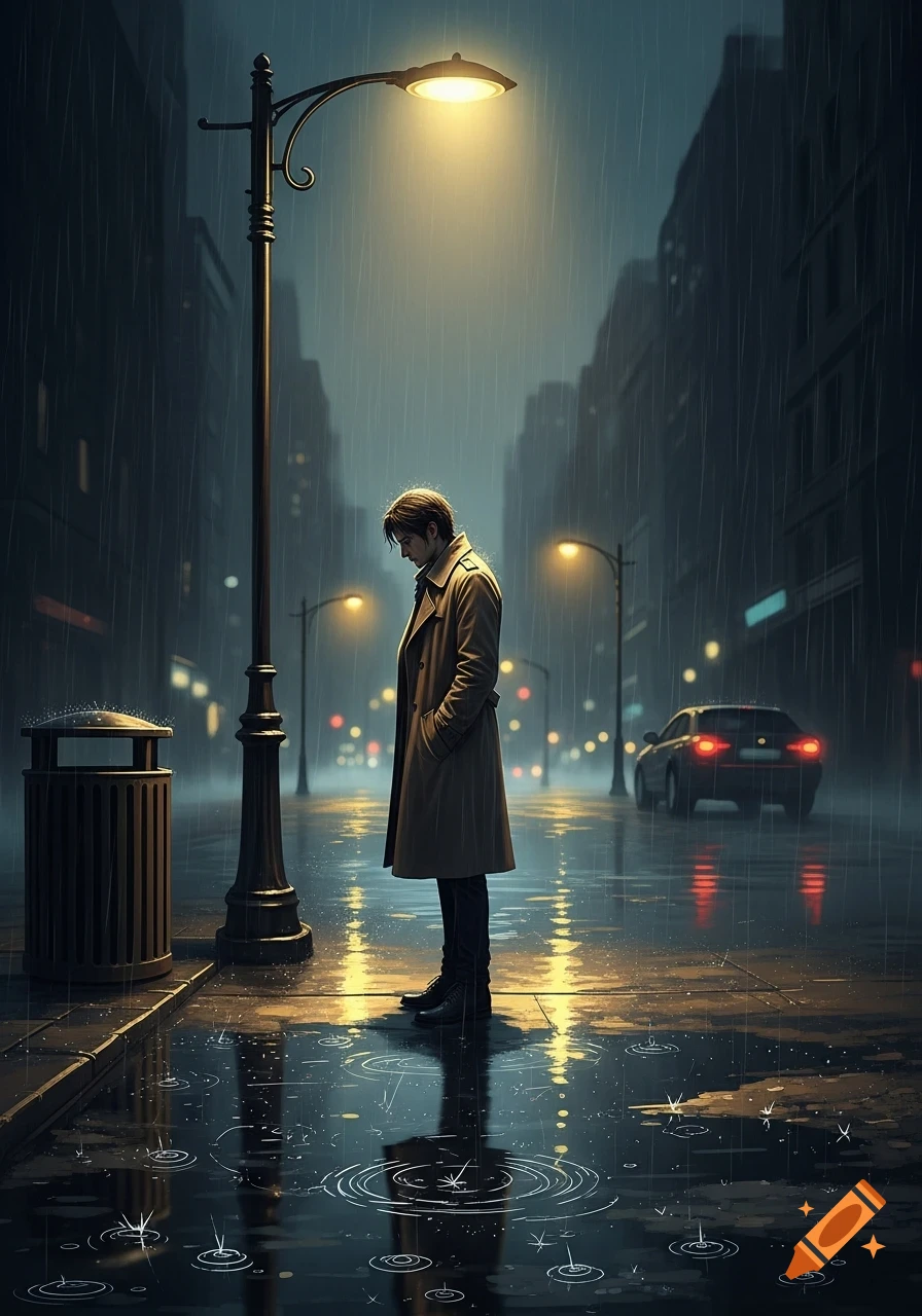 A man in a trench coat stands alone on a rainy city street at night under a glowing streetlamp, with reflections on the wet pavement.