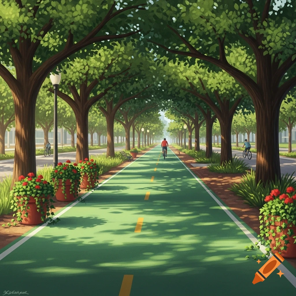 Illustrated view of a green bike path under a canopy of lush trees, with potted red flowers and people cycling.
