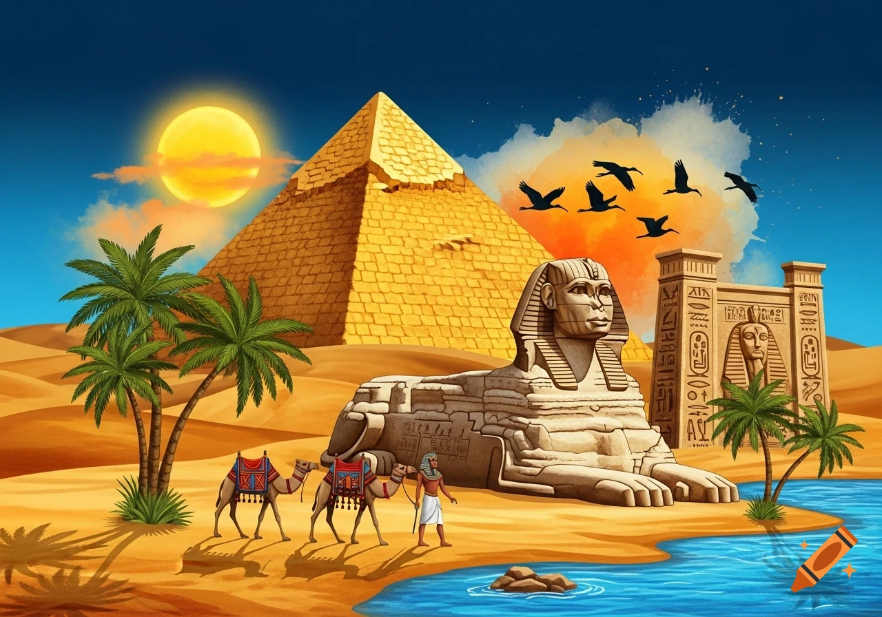 A vibrant illustration of an Egyptian desert landscape featuring a large pyramid, the Great Sphinx, palm trees, camels, and a person walking by a river under a bright sun.