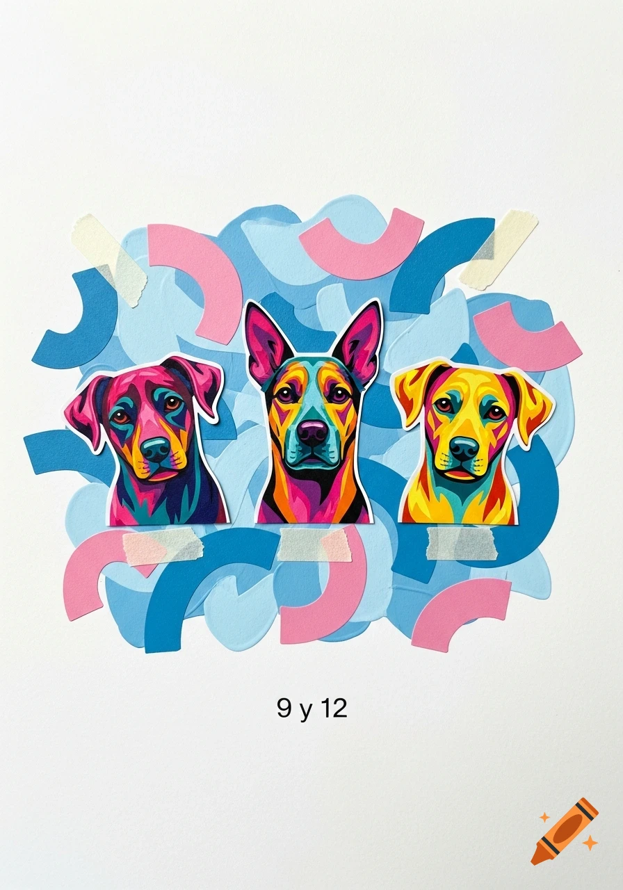 Three pop art style dog portraits as colorful paper cutouts on a textured background of blue and pink shapes. The text '9 y 12' is visible below.