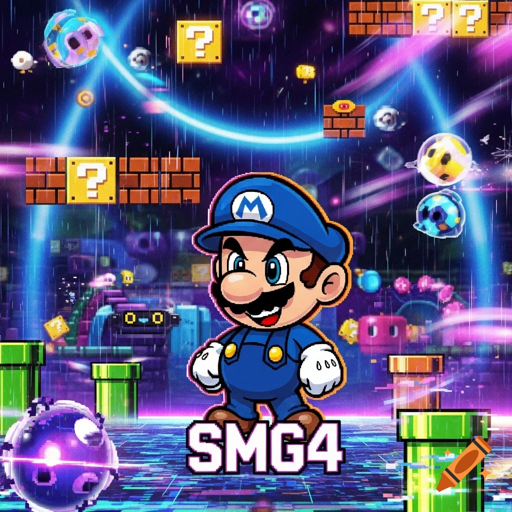 A cartoon character resembling Mario in a blue outfit stands in a vibrant, futuristic Super Mario-themed landscape with question blocks and pipes, text 'SMG4' below.