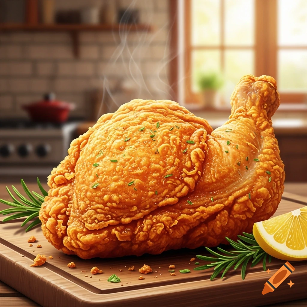 Photorealistic fried chicken leg and thigh with rosemary and a lemon slice on a wooden cutting board in a kitchen.