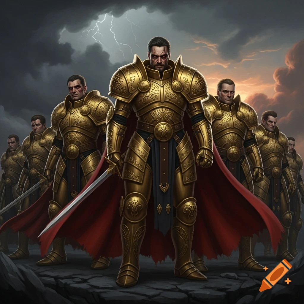 A team of stern warriors in ornate golden armor and red capes stand under a stormy sky with lightning.