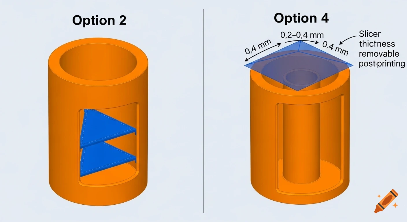 A Tinkercad-style 3D visualization comparing two orange cylinders: Option 2 with a blue inner shelf, and Option 4 with a thin blue removable roof on top.