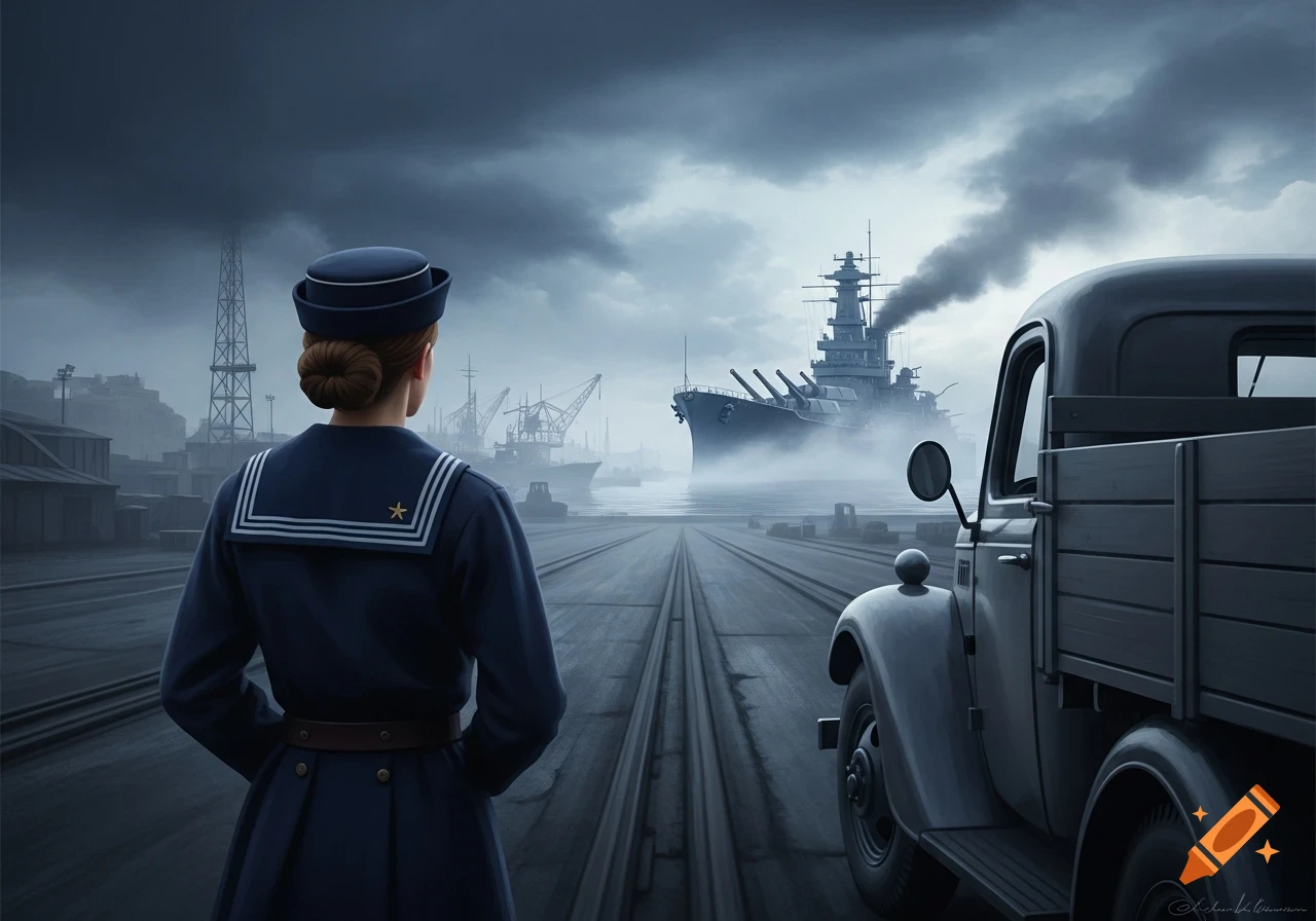 Woman in navy uniform looking at a battleship at a misty dockyard with a grey truck beside her, under a dramatic cloudy sky.