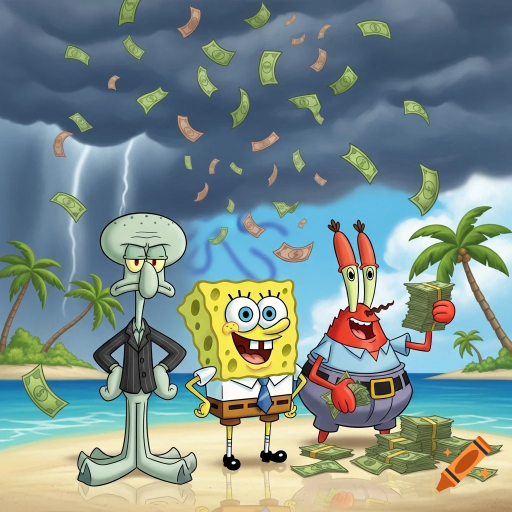 Squidward, Spongebob, and Mr. Krabs on a beach, with money raining from a stormy sky. Mr. Krabs holds stacks of cash.