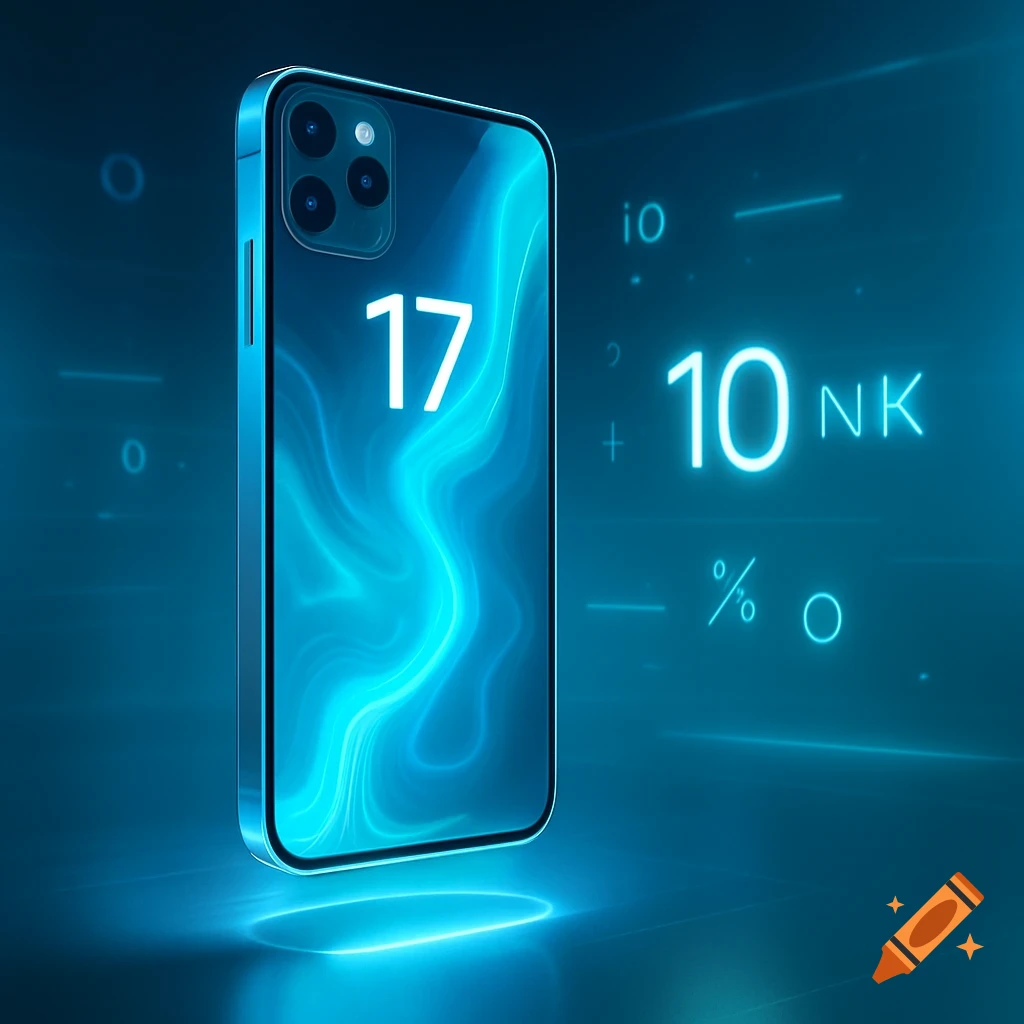 A glowing blue iPhone-like smartphone with '17' on its screen floats against a blue background with abstract data elements and the text '10 NK'.