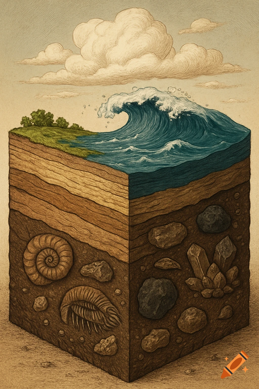 Vintage illustration of Earth's layers, showing an ocean wave, grassy land, and geological strata containing fossils and crystals.
